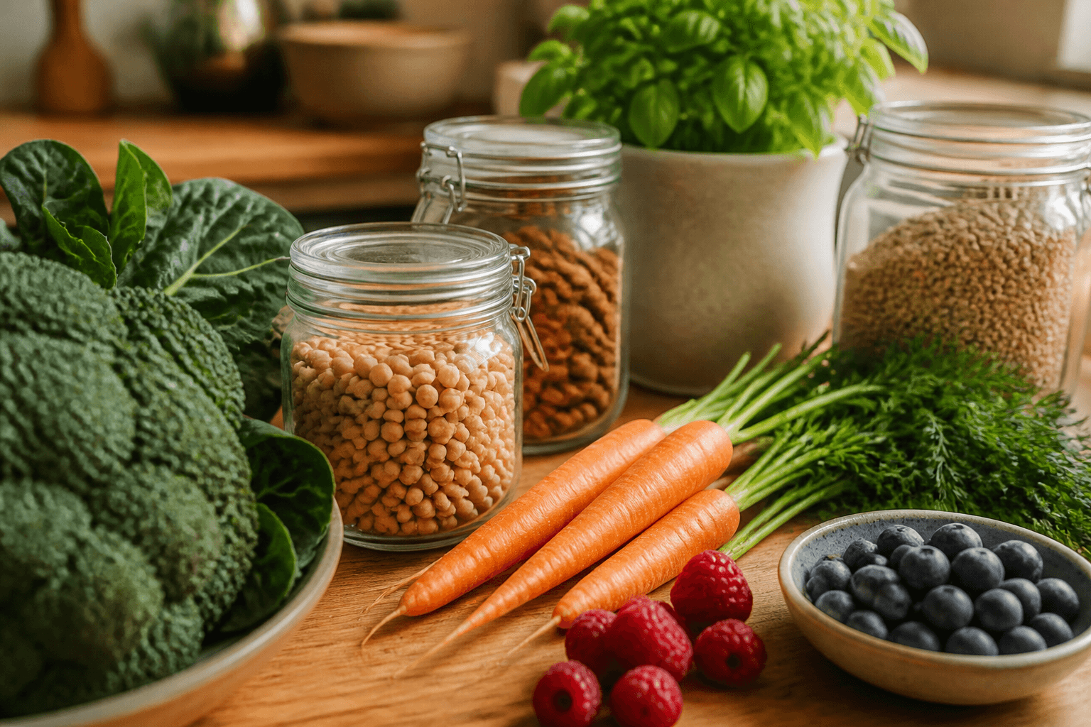 Fresh produce and glass containers on a wooden kitchen counter