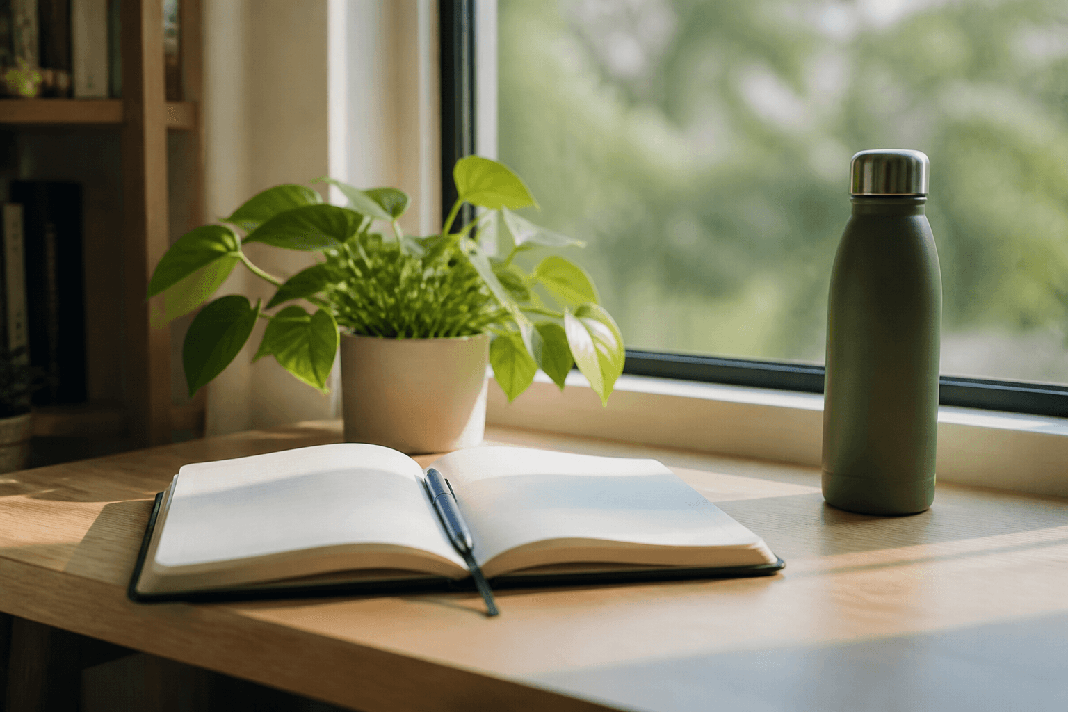 Notebook, reusable bottle, and plant by a bright window